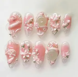 Handmade Pink Lotus & Snake Press On Nails, Custom Snake Almond Nail Set, Trendy Asian Nails, Artistic Spring Nail Art, Fake Nails for Party