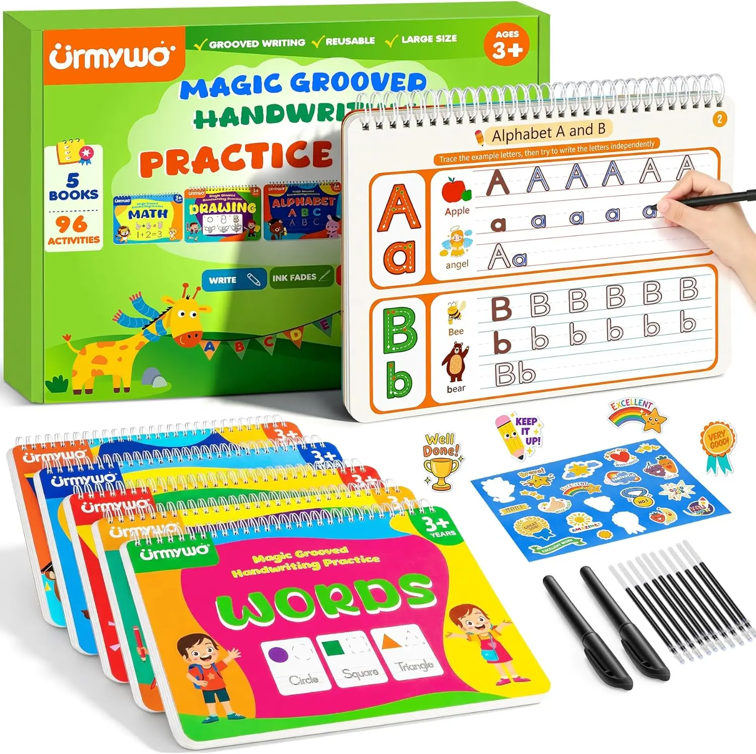 Magic Grooved Writing Practice Books for Children - 96 Reusable Step-by-Step Activities, 3D Grooves, Disappearing Ink, Dry Erase Writing Board, Smooth Write School Supplies College for Ages 3-8