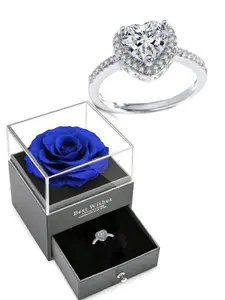 Heart Diamond Ring Hidden in Eternal Rose Box, Exclusive Romantic Gift, Valentine's Day Present, Adjustable Jewelry Gift, Heart Shaped Ring