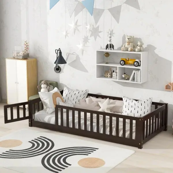 Bellemave Glam Espresso Rectangular Single Floor Bed Frame - Montessori Design, Natural Rubberwood Strong Construction, Steel Support, Safety Fence Door, Rails, Easy Assembly Required, 76.6x41.5x17.5in, 40.8lbs, Compact Indoor Bedroom Fit for 1 Person, On