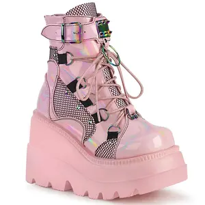 Demonia Shaker-60 Baby Pink Hologram Ankle Boots