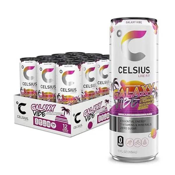 CELSIUS GALAXY VIBE Sparkling Strawberry Watermelon, Sugar Free Energy Drink, 12 Fl Oz (Pack of 12)