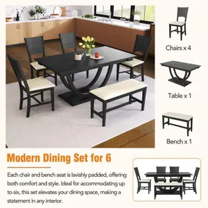 Bellemave TOPMAX 6-Piece Wood Half Round Dining Table Set Kitchen Table Set with Long Bench and 4 Dining Chairs, Modern Style
