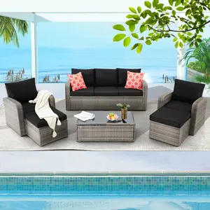 6-Piece All-Weather Wicker Patio Furniture Set with Sectional Sofa, Storage Glass Coffee Table, Ottomans, Cushions & Pillows for Garden, Balcony, or Patio, Black