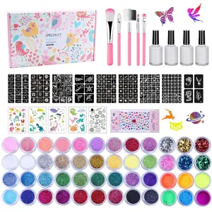 Temporary Glitter Tattoo Kit for Kids & Adults, 42 Glitter & 6 Fluorescent Color, 209 Stencils, 4 Glue, 5 Brushes, 1 Diamond Sticker, Safe & Easy Removal Face Body Art Birthday Party Supplies