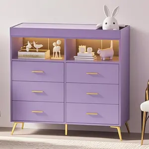 Dresser for Bedroom with 6 Drawers, Baby Changing Table Dresser with Changing Pad, LED Lights & Charging Station, Baby Changing Station with Changing Table Top,Purple
