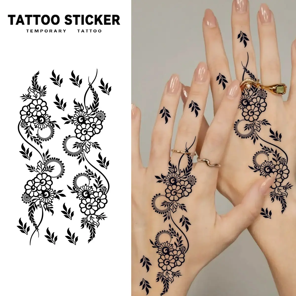 2PCS Temporary Tattoo Stickers, Black Henna Mehndi Floral Pattern Waterproof Fake Tattoos for Women, Hand Body Art Stickers for Wedding Festival Beach Party