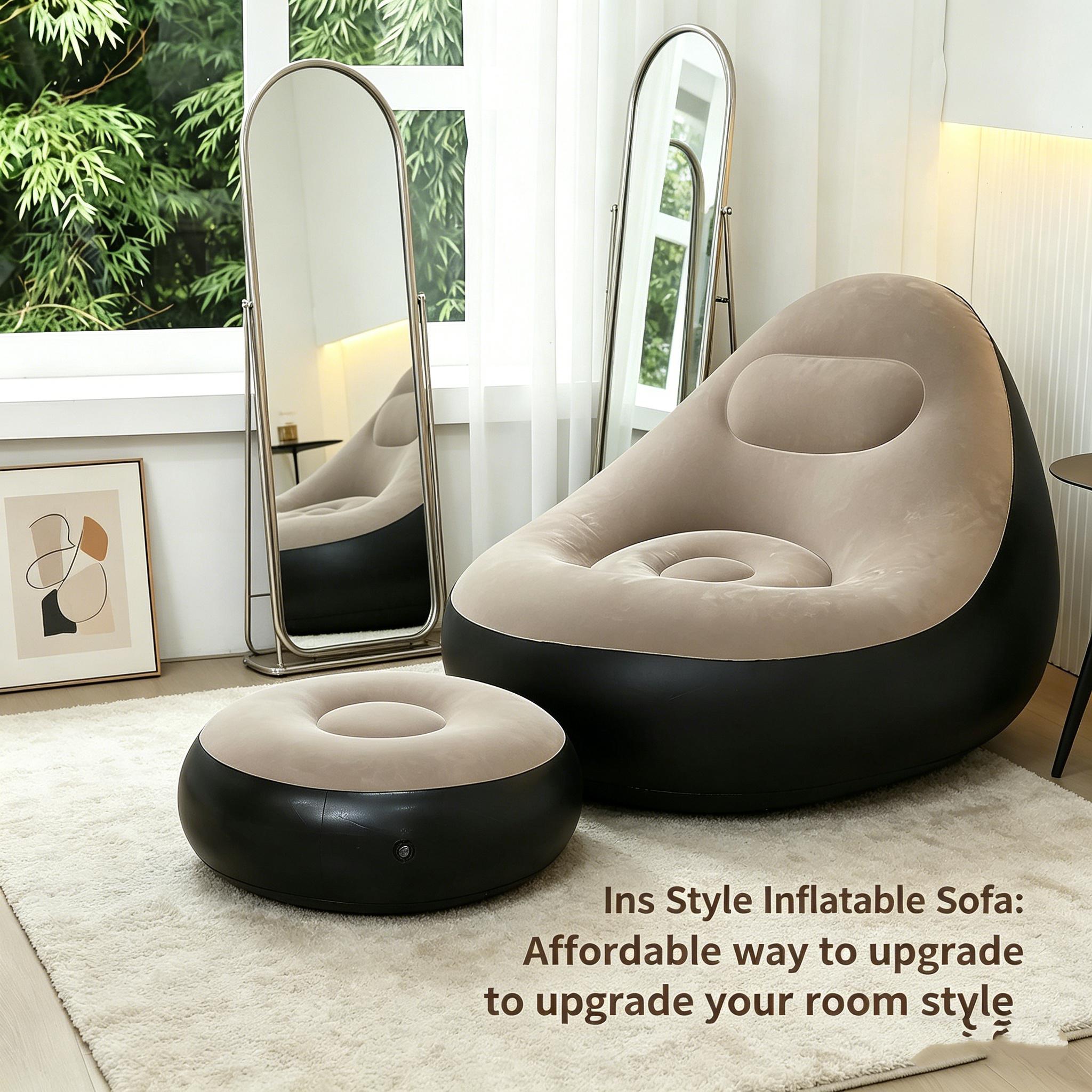 1 piece of plush inflatable lounge chair with foot pedals, foldable portable lounge chair, soft and durable design, suitable for living room, bedroom, balcony, camping and outdoor relaxation