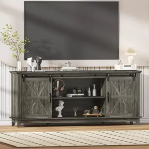 Garvee Classic Farmhouse Entertainment Center with Sliding Barn Doors, Adjustable Shelf, and Storage Space, 15.8"x66"x28", Oak Finish, Suitable for Large Screens up to 75 Inches