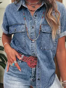 Ashleigh Blue Button Flap Pocket Cuffed Short Sleeve Denim Shirt for Women, Vintage Washed Casual Button Down Top Womenswear