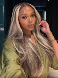 Blonde Brown Highlight 13x4 Lace Front Wig Pre Plucked Hairline Free Part Straight Wig Heat-Resistant Synthetic Wig for Women Daily Wear 28 Inches