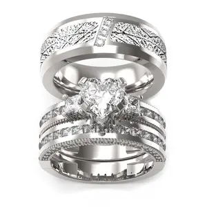Ringcrown Couple Rings Matching Rings Heart Cut 1ct AAA CZ White Gold Plated 2pcs Women Wedding Ring Sets For Him And Her Ring Sets Men Titanium Steel Wedding Band