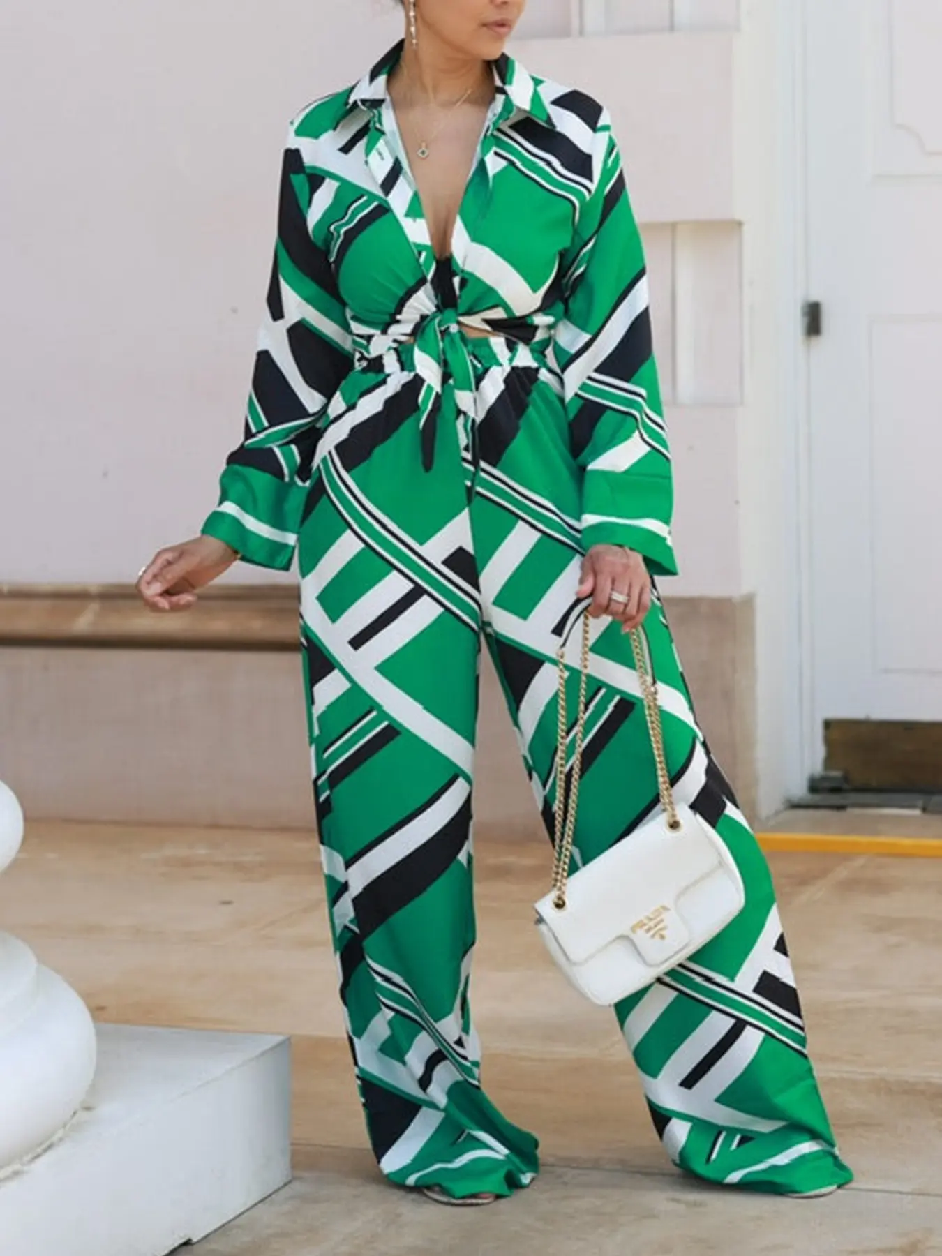 Women's Casual Wide Leg Pants Set Suits, Abstract Pattern Long Pants, M3245 Style, Cross-Border Fashion Clothing