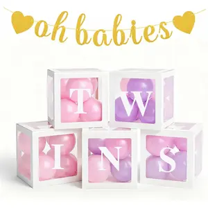 White Twins Party Supplies - Balloon Boxes & Banners Includes 5 Clear Balloon Boxes, 5 Letters, And Oh Babies Gold Banner For Twins Christening Parties, Birthday Parties, And Gender Reveal Decorations