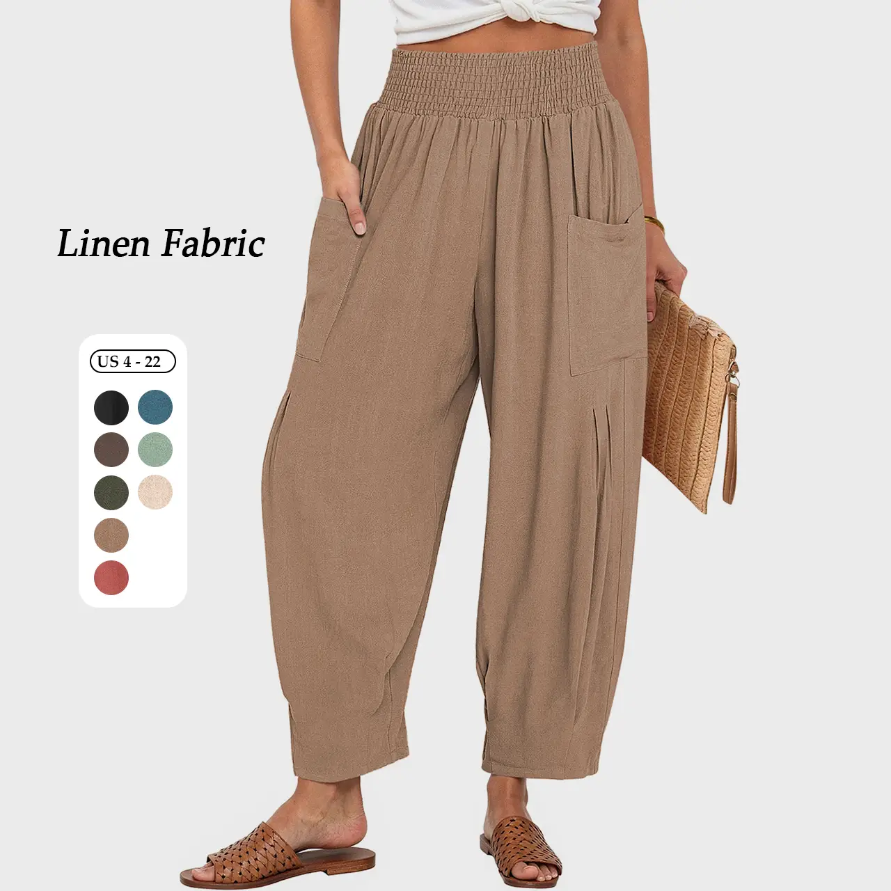 TARSE Women Linen Boho Wide Leg Pants Casual Loose Fit High Waist Cargo Harem Work Pants Beach Baggy Travel Fall Outfits Barrel Trousers with Pockets