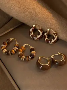 Elegant Women's Earrings Set, 3 Pairs Vintage Resin Inlay Jewelry, Perfect for Daily Wear, Parties & Events, Autumn Winter Style, Statement Earrings, Fashionable Hoop Earrings