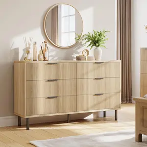 Oak Fluted 6 Drawer Dresser  with Anti-Tipping Design for Bedroom Living Room Hallway