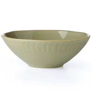 48 oz Round Artisanal Stripe Green Stoneware Serving Bowl