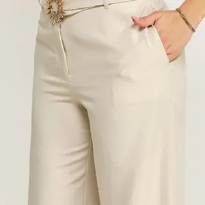 Golden Sun Pants - High Waist Beige Trousers with Embellished Waistband for Women