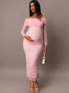 ELARA Pink Off Shoulder Maternity Midi Elegant Party Apparel Viral Look
