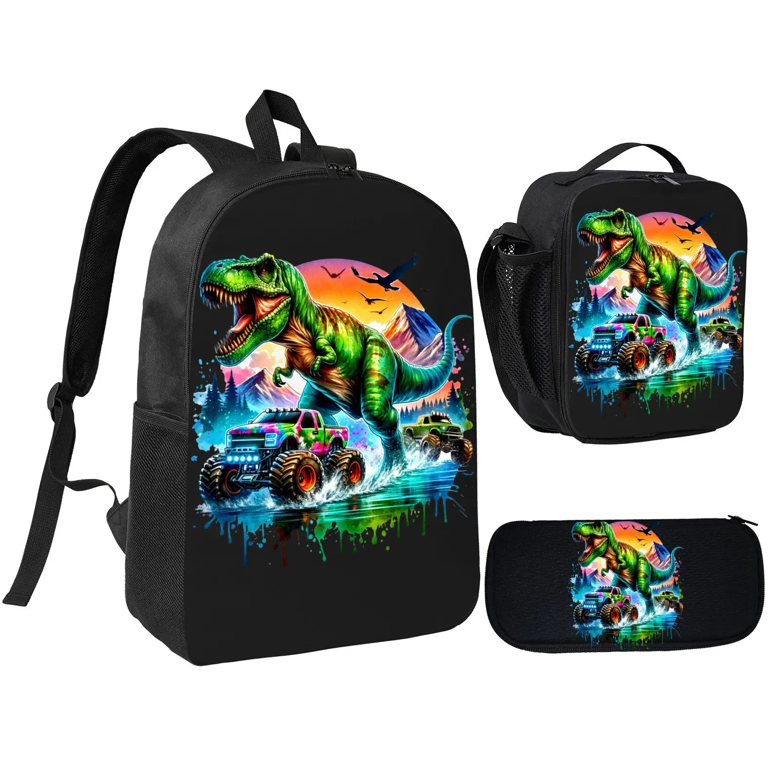 Kids' Unisex 3PCS Dinosaur Set Pack - Backpack, Insulated Lunch Bag, Pencil Case, Graphic T Shirt, Elementary Back to School Gift for School Trips, Outdoor Activities, Insulated Bag, Pattern