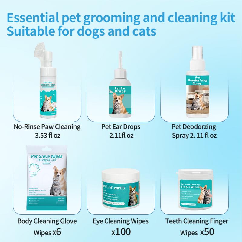 6Piece All-in-one Grooming Kit - Pet Grooming Glove Wipes 6PCS/PACK & Pet Teeth Cleaning Finger Wipes 50pcs & Pet Eye Wipes 100 Pcs &  Pet Ear Drops 60ml & Pet No-Rinse Paw Cleaner 100ml & Pet Deodorizing Spray 60ml