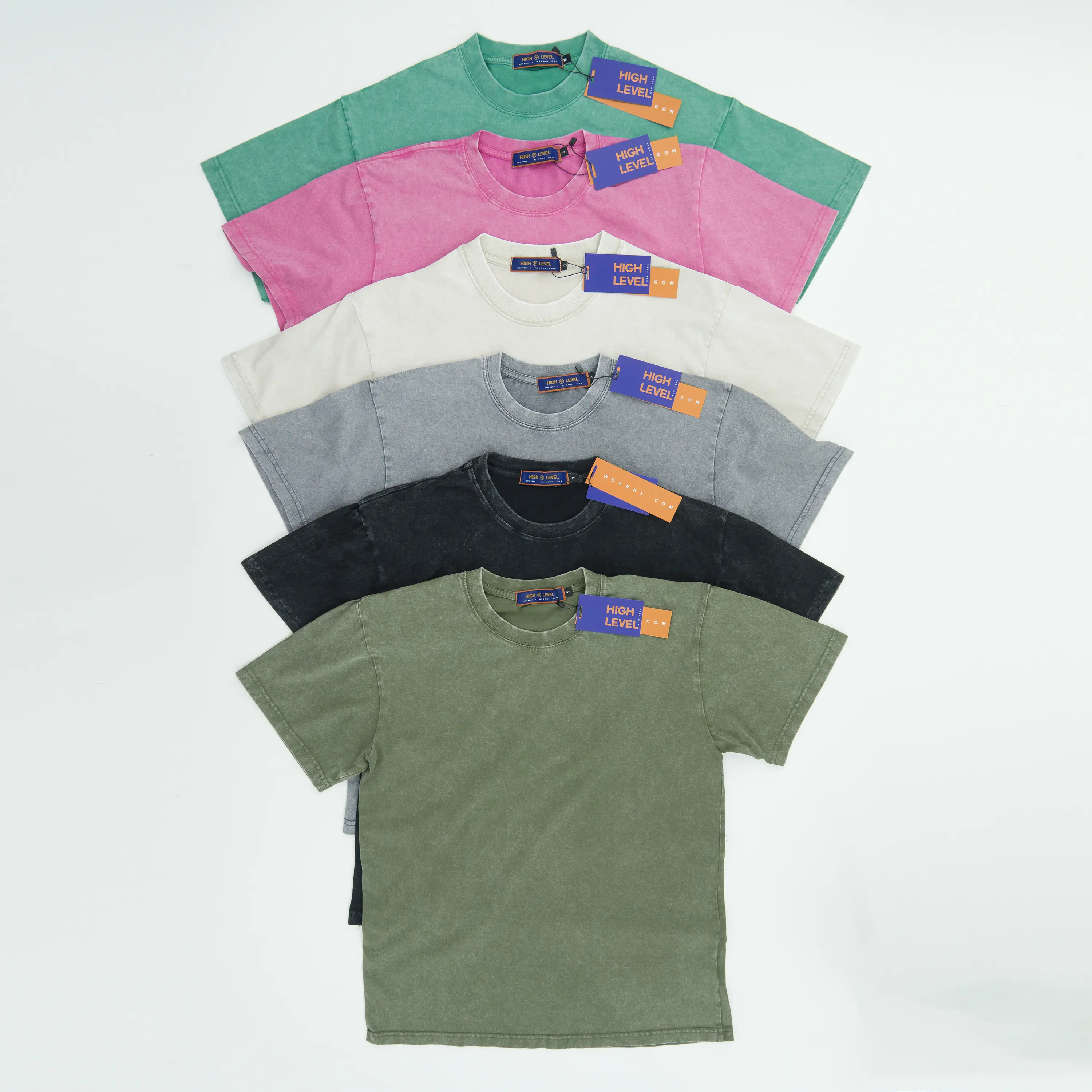 HIGH LEVEL HL Menswear Washed HEAVYWEIGHT 225gsm 100% Cotton Oversized Boxy T-shirt High Level HL - Black Grey Cream Teal Army Green Pink Casual Class