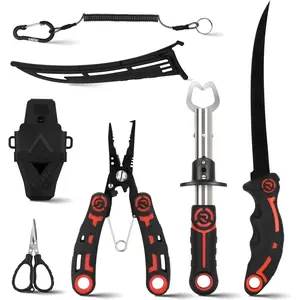 4pc Fishing Tool Kit- Fishing Pliers, Fish Fillet Knife with Sharpener, Fish Lip Gripper, Fishing Braid Scissors, Saltwater Fishing Gear and Equipment with Sheath/Lanyard, Fishing Gifts for Men