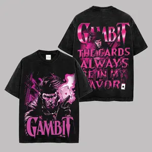 Gambit X-Men Premium Acid Washed Cotton T-Shirt Mutant Hero Graphic Tee Retro Comic Anime Streetwear Vintage Oversized Black Unisex Shirt Front Back Print Fan Gift