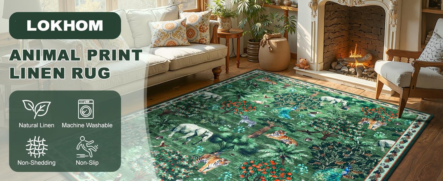 LOKHOM Jungle Animal Print Rug 8x10 Washable Area Rugs for Living Room, Forest Rug Non Slip Low Pile Stain Resistance Large Throw Carpet for Bedroom Dining Room Kids Playroom Nursery, Black