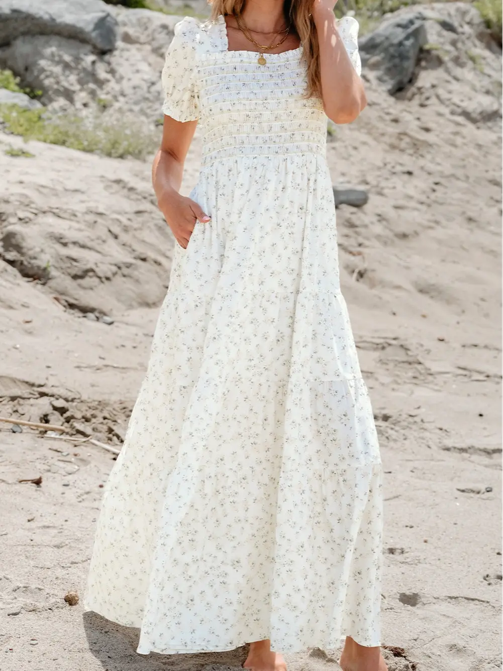 Women's Floral Maxi Dress - Cottagecore Summer Casual Wear with Square Neck, Frilly Puff Sleeves, Shirred Bodice, Tiered Skirt, Boho Style Outfit, Modest Fashion, Maxi Dress for Women, Shortsleeve, Bohemian, Women's Clothes
