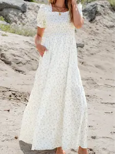 Women's Square Neck White Floral Maxi Dress Shirred Bodice Tiered Frilly Puff Sleeve Summer Outfits