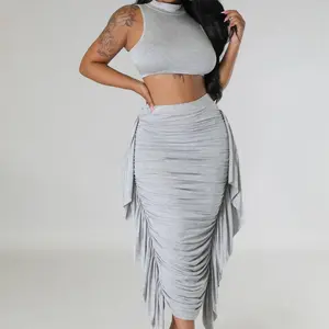Gray Ruffle Skirt - Fitted Midi Skirt for All Seasons, Casual & Summer Outfits