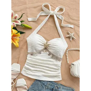Women's suspender tie, starfish shell decoration, starfish metal button knitted fabric vest, suitable for parties，cropped top