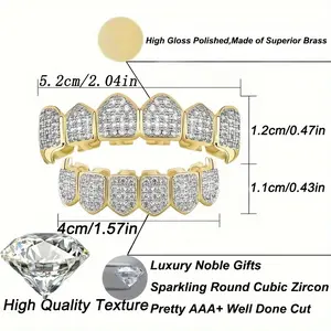 2 pcs/set New Wholesale Men's Hip Hop Golden Teeth Grills Top And Bottom Chilled Grills Dental Synthetic Zircon Vampire Custom Grills Teeth Oral