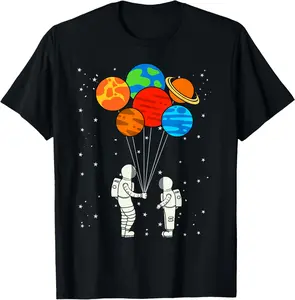 100% Cotton Planet Balloons Astronaut Planets Galaxy Outer Space T-Shirt