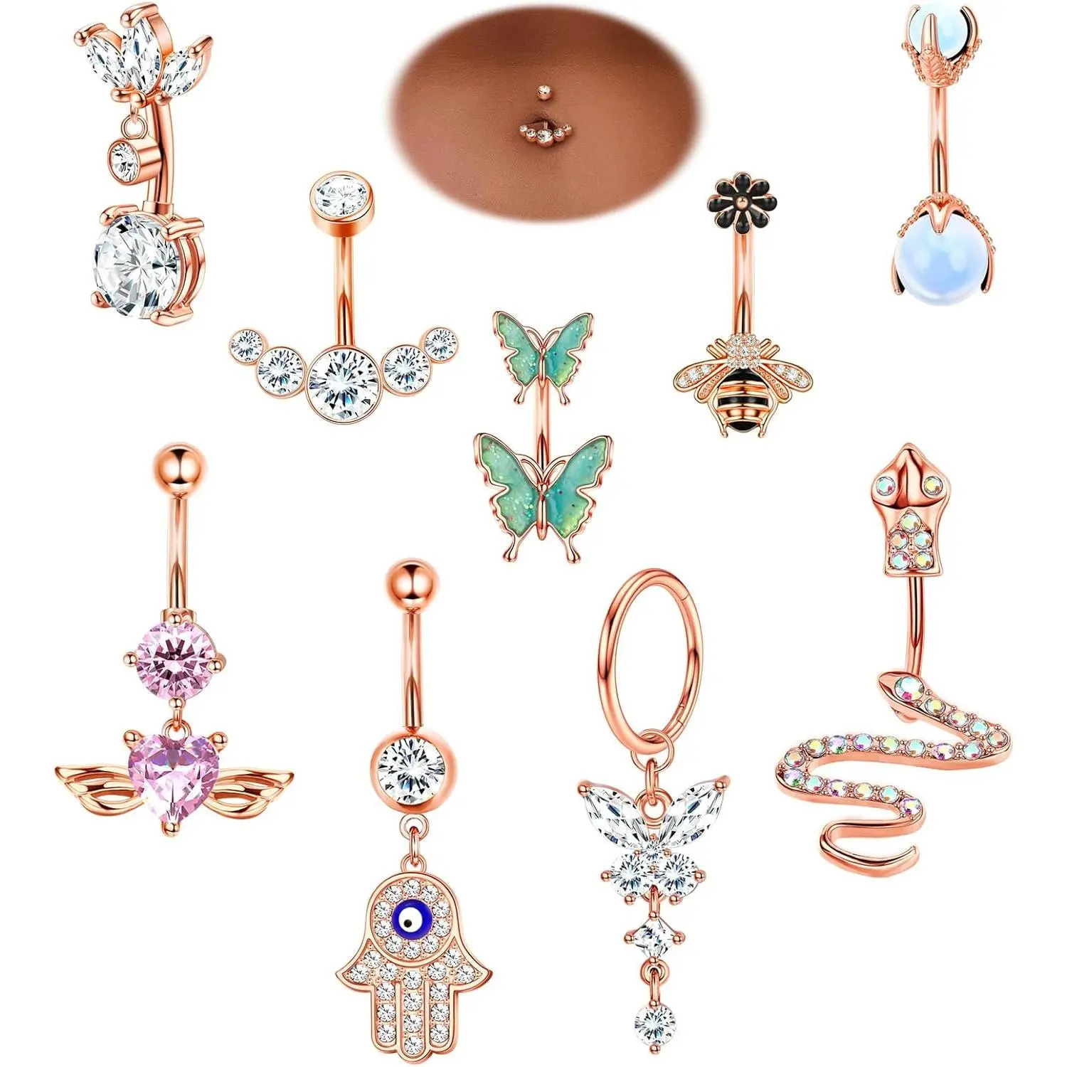 ZELORES Female 9Pcs 14G Surgical Steel Navel Rings - Cubic Zirconia Hoop, Dangling Charms Belly Button Jewelry with Butterfly, Snake, Evil Eye, Heart, Rose Gold, Bow Cute Accessories, Beach Wear