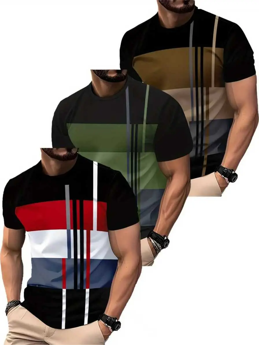 MTTYYD Men's 3-Pack Sporty Chic Twill Tees - Mixing Trendy Color Blocks, Striped Patchwork Graphic, Normal Type, Quick Dry, Soft Stretch Crew Neck, Short Sleeve, Lightweight Breathable Athletic Tops, Machine Washable, Great for Daily Wear, Gym, Colorblock