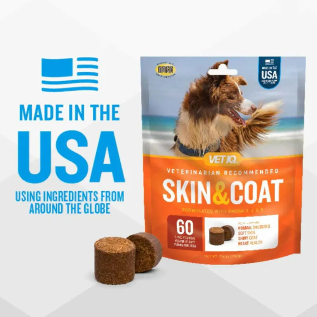 VetIQ Skin & Coat Soft Chew Dog Supplement - Flax Seed Oil, Olive Oil, Biotin, Vegetable Glycerin, Ascorbic Acid, Lecithin, Peas Tasty Treat for Dogs Over 5lbs, Supports Dry Skin & Coat Shine (60 Soft Chews)