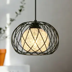 9.45in Pendant Light With Metal Cage (1 pack), Farmhouse Pendant Light for Kitchen Island Bedroom Hallway