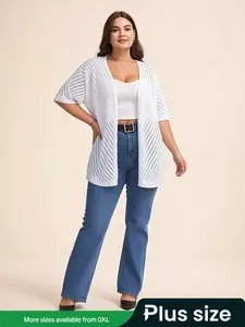 【Plus Size】 Solid Open Front Sheer Cardigan, Casual Hollow Out Short Sleeve Knitwear for Daily Wear, Women Plus Clothing for All Seasons, Tops, Knit Cardigans