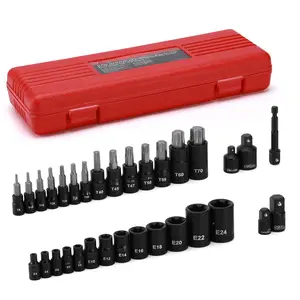 32-Piece Torx Bit Socket and Female External Socket Set, 14 Star Bits (T8- T70) and 13 Female E-Torx Sockets (E4-E24), Include 5 Impact Socket Adapter Hand Tools Heavy Duty,