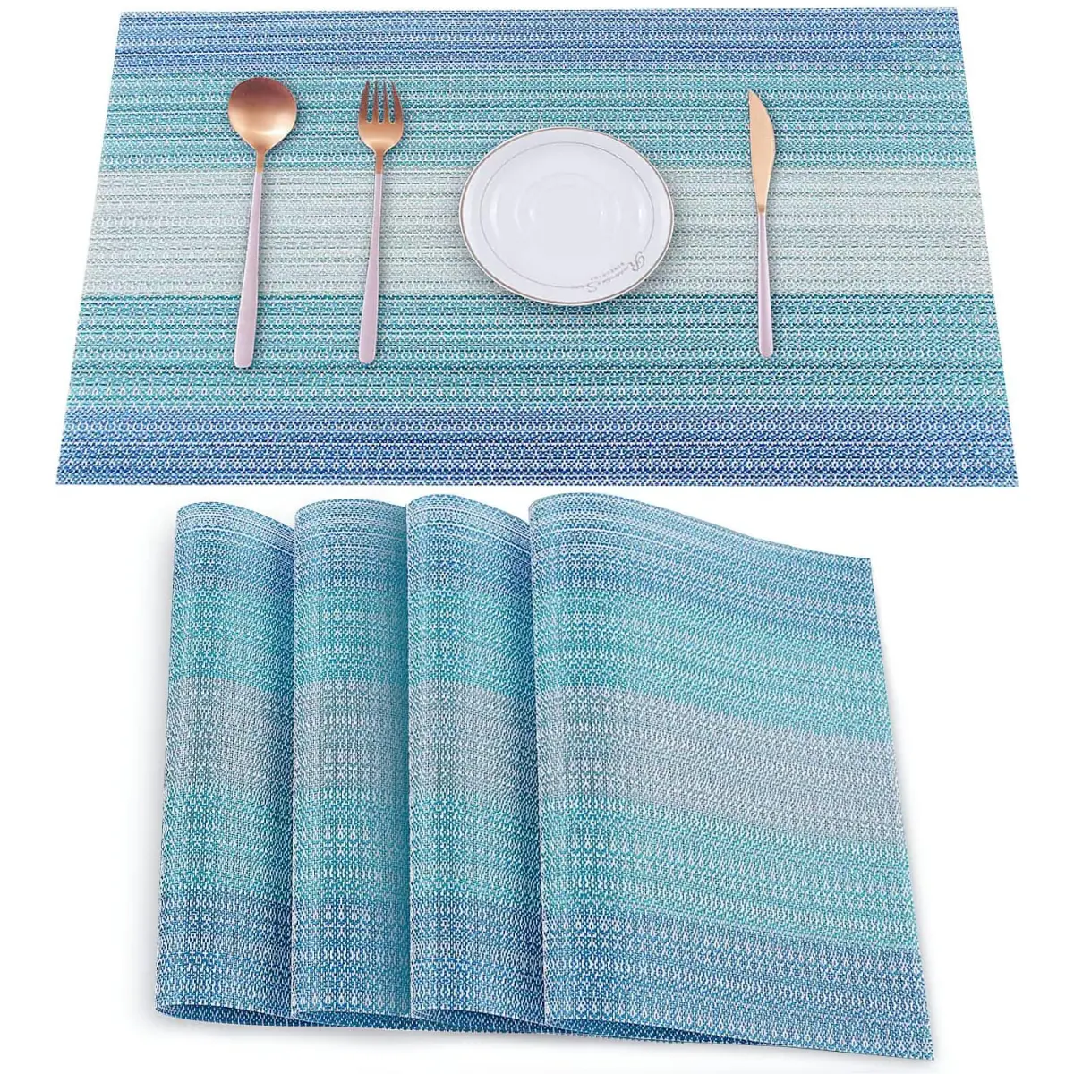 Placemats Set of 4,Vinyl Table Place Mats Stain Resistant Foldable Placemats Washable Wipeable Placemat for Kitchen Dining Table Decoration Indoor Outdoor（Blue）