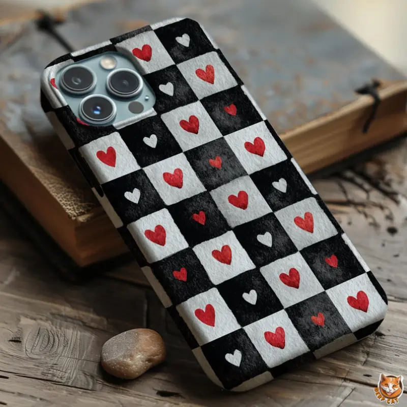Checkerboard Hearts Durable Polycarbonate Smartphone Case - B&W Checked Valentine Protective Accessory for iPhone 11,12,13,14,15,16,17 Pro,Max,Air,Plus Shell, Cover, Electronics Accessories