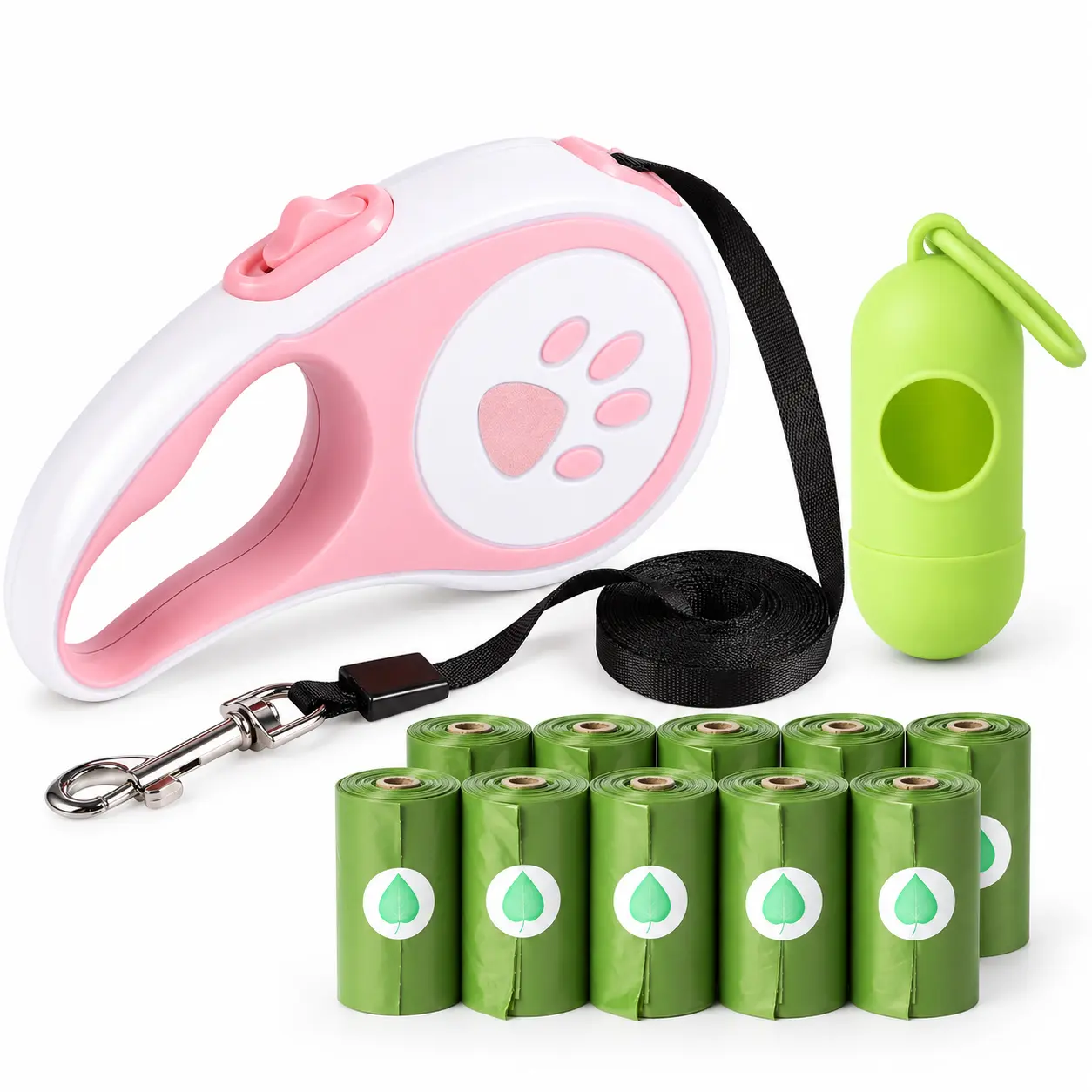 Retractable Dog Leash and Waste Bag Walking Kit
