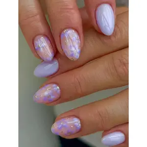 24PCS Short Oval Lilac Floral Glitter Press-On Nails – Chic & Trendy Acrylic Fake Nails!