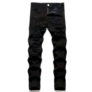 Men's distressed black jeans-casual streetwear, non-stretch denim with ripped detail, machine washable