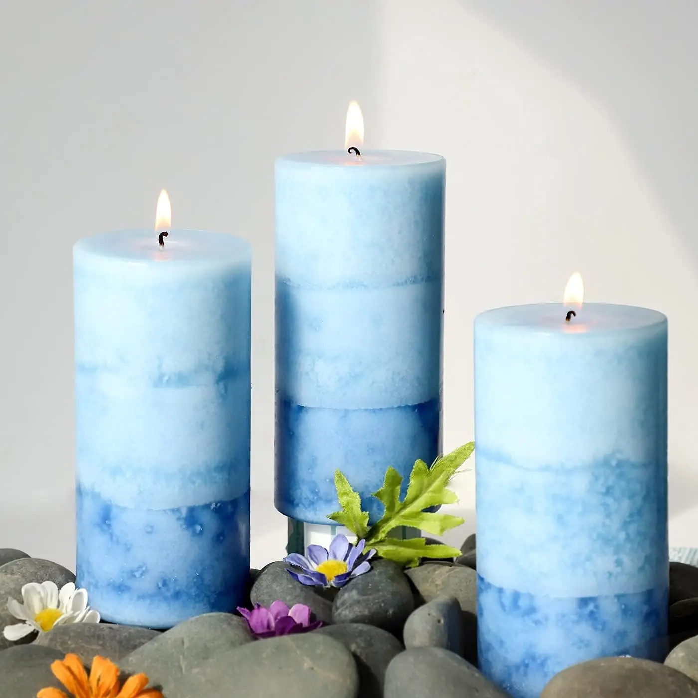 Lilac Scented Pillar Candles - 3 Pack Blue Layered 3x6 Inch Long-Lasting Clean  Decorative Candle for  Decor and Bathroom Decorations
