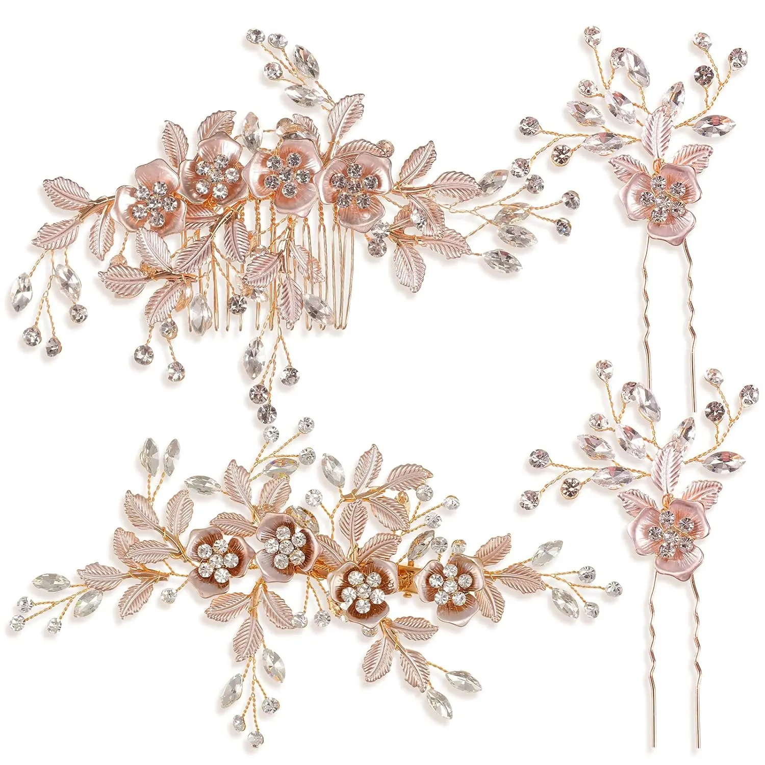 4 PCS Bridal Rose Gold Hair Accessories for Brides and Bridesmaids Rhinestone Hair Pins Crystal Flower Barrette Wedding Combs with Leaves