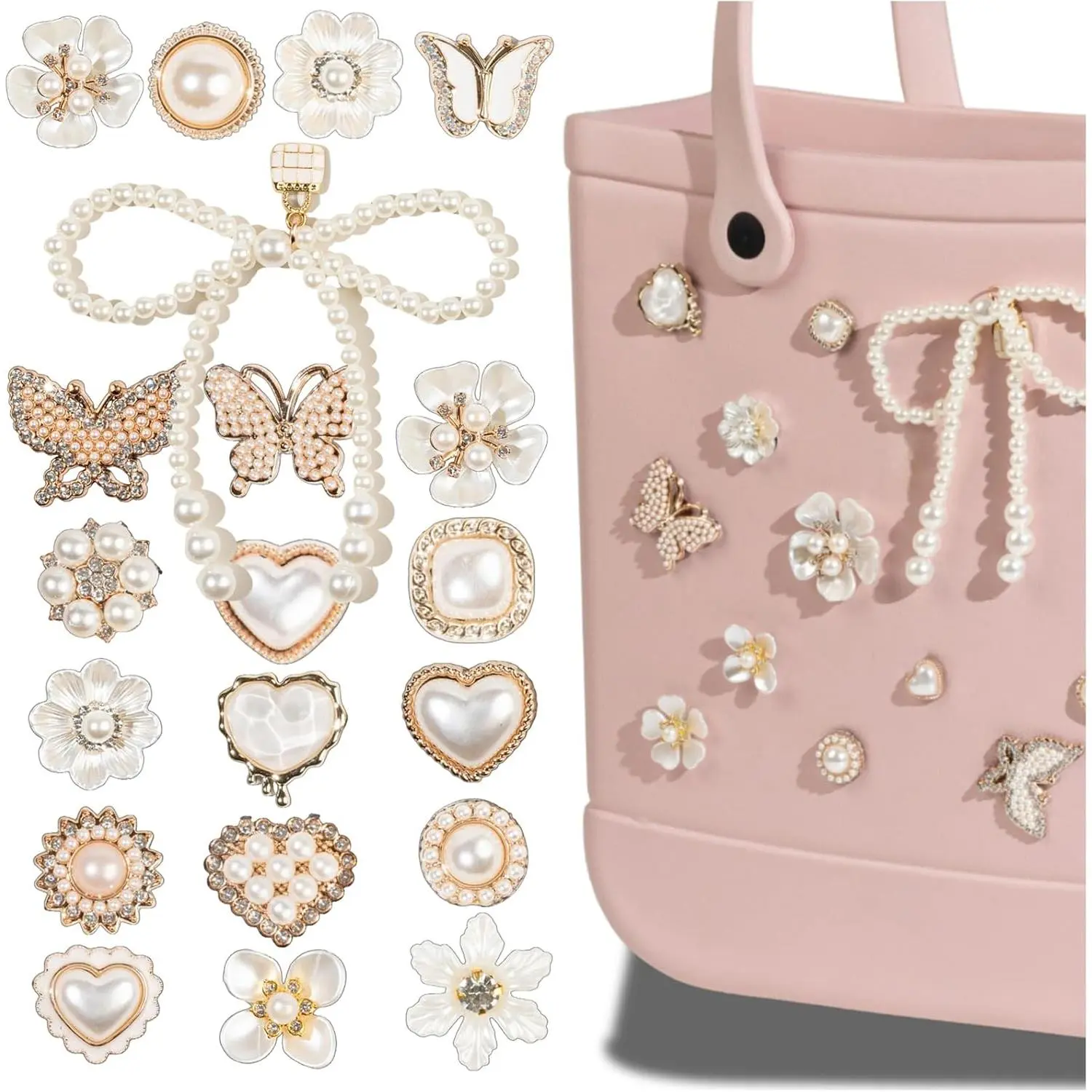 Lovely Pearl Bag Charms, 21-Piece Cute Resin Flower, Butterfly & Bowknot Set for Rubber Beach Totes, Decorative Inserts for Women, Fits 12-13mm Holes, 12Mm-13Mm Holes